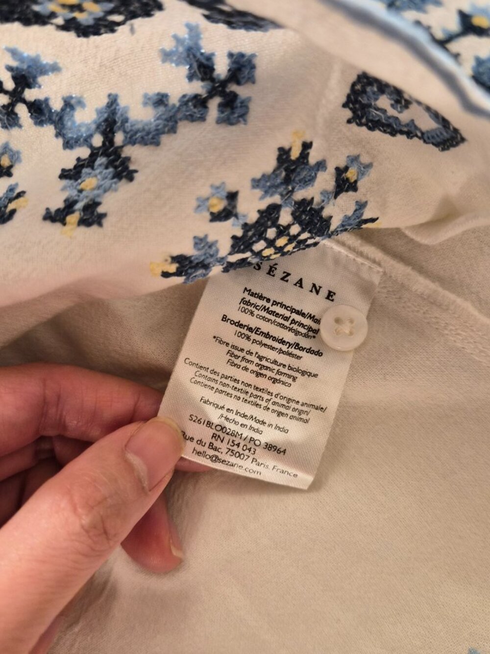 Sezane Anneclaire Blouse Ecru with Contrasting Blue Embroidery US2 EU34 - Picture 9 of 9
